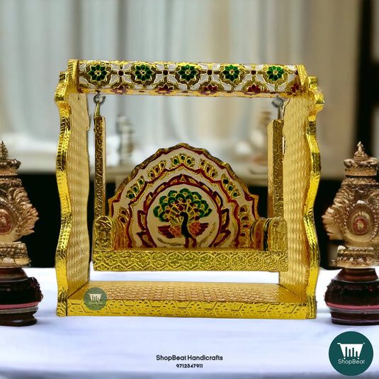 Golden Meenakari Peacock Krishna Swing – Wooden Jhula for Laddu Gopal (7.5x3.5x8 Inch)