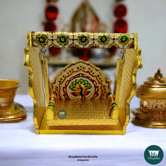 Golden Meenakari Peacock Krishna Swing – Wooden Jhula for Laddu Gopal (7.5x3.5x8 Inch)