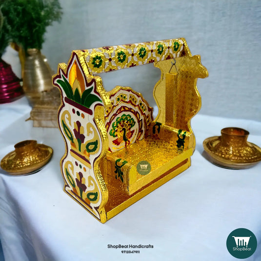 Golden Meenakari Peacock Krishna Swing – Wooden Jhula for Laddu Gopal (7.5x3.5x8 Inch)