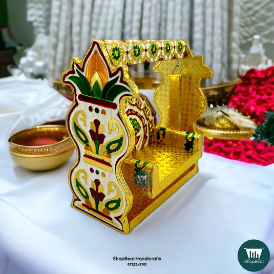 Golden Meenakari Peacock Krishna Swing – Wooden Jhula for Laddu Gopal (7.5x3.5x8 Inch)