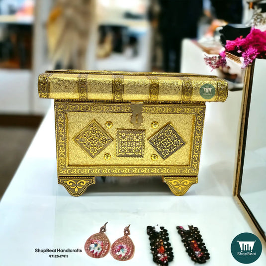 Golden Oxidised Traditional Patari Jewellery Box – Wooden Organizer (6x9)