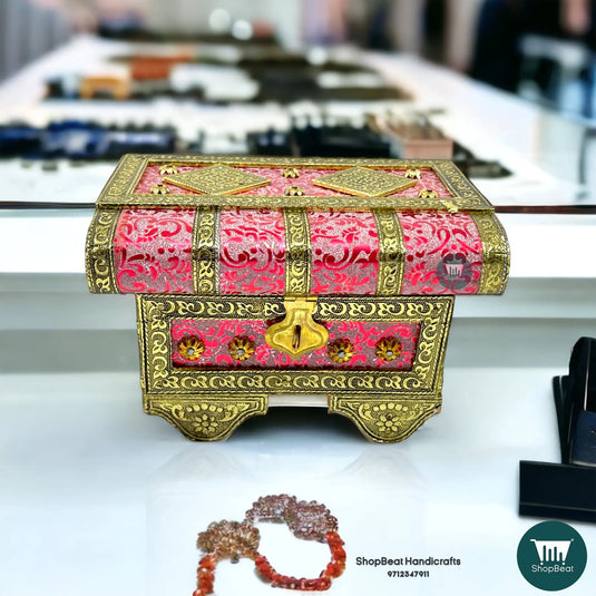 Golden Oxidised Pink Patari Jewellery Box – Traditional Wooden Box (5x7)