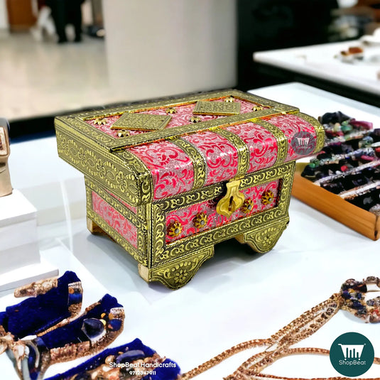Golden Oxidised Pink Patari Jewellery Box – Traditional Wooden Box (5x7)