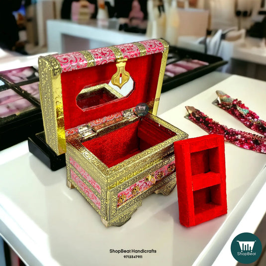 Golden Oxidised Pink Patari Jewellery Box – Traditional Wooden Box (5x7)
