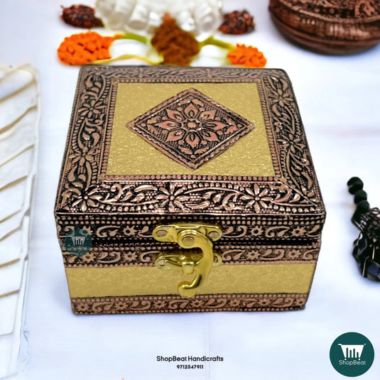 Copper Oxidised Velvet Pooja Box – 4x4 Inch Wooden Jewellery Cum Gift Box