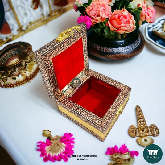 Copper Oxidised Velvet Pooja Box – 4x4 Inch Wooden Jewellery Cum Gift Box