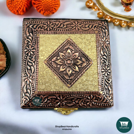 Copper Oxidised Velvet Pooja Box – 4x4 Inch Wooden Jewellery Cum Gift Box