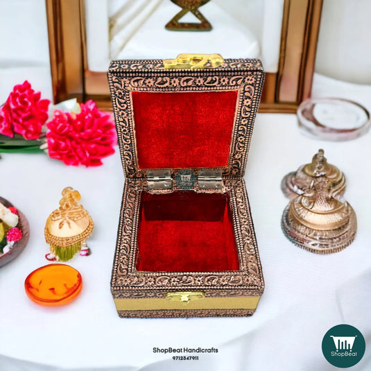 Copper Oxidised Velvet Pooja Box – 4x4 Inch Wooden Jewellery Cum Gift Box