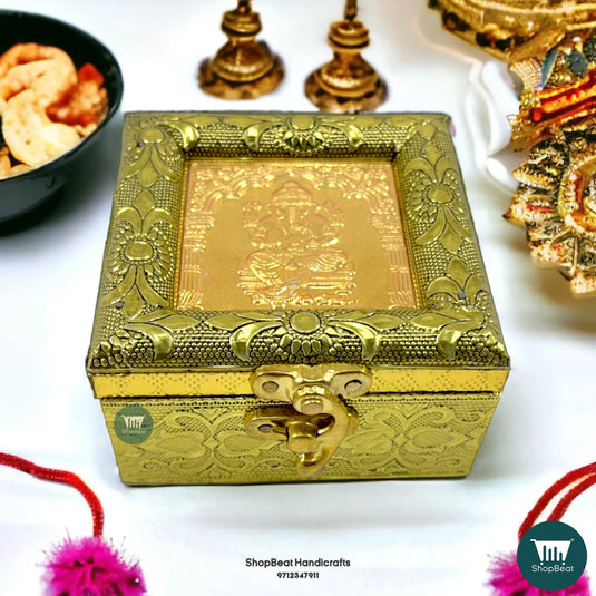 Golden Oxidised Pooja Box – 4x4 Inch Wooden Jewellery & Gift Box