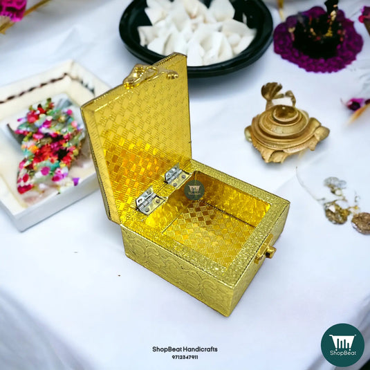 Golden Oxidised Pooja Box – 4x4 Inch Wooden Jewellery & Gift Box