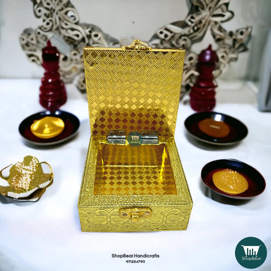 Golden Oxidised Pooja Box – 4x4 Inch Wooden Jewellery & Gift Box