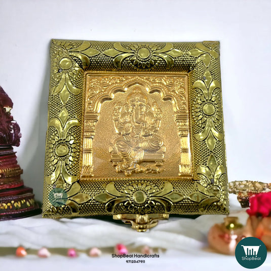 Golden Oxidised Pooja Box – 4x4 Inch Wooden Jewellery & Gift Box