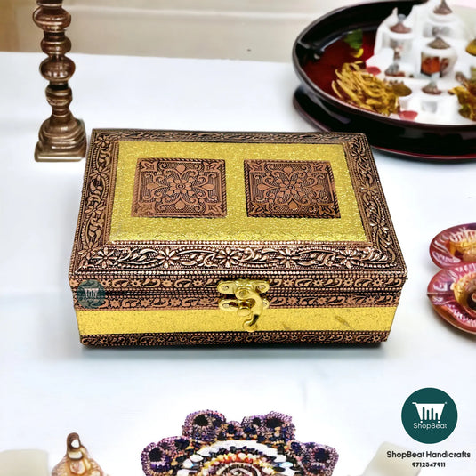 Copper Oxidised Velvet Pooja Box – 5x7 Inch Wooden Jewellery Gift Box