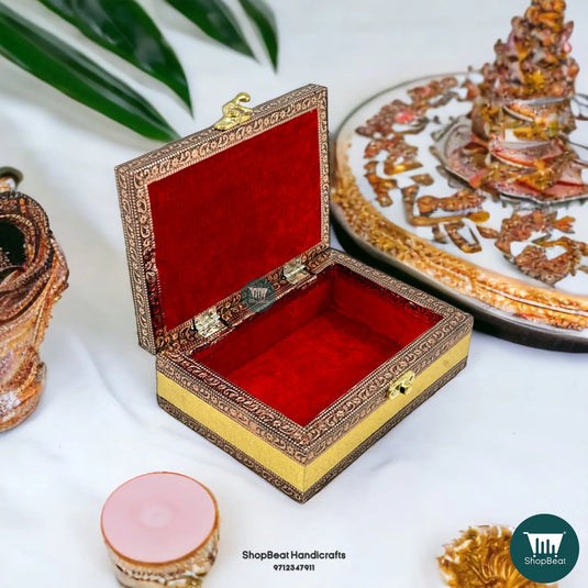 Copper Oxidised Velvet Pooja Box – 5x7 Inch Wooden Jewellery Gift Box