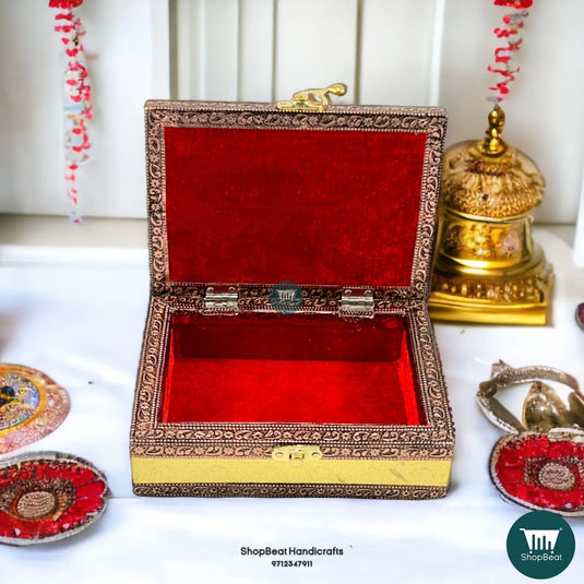 Copper Oxidised Velvet Pooja Box – 5x7 Inch Wooden Jewellery Gift Box