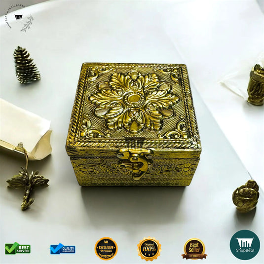 Golden Oxidised Multipurpose Box – 4x4 Inch Pooja & Jewellery Box