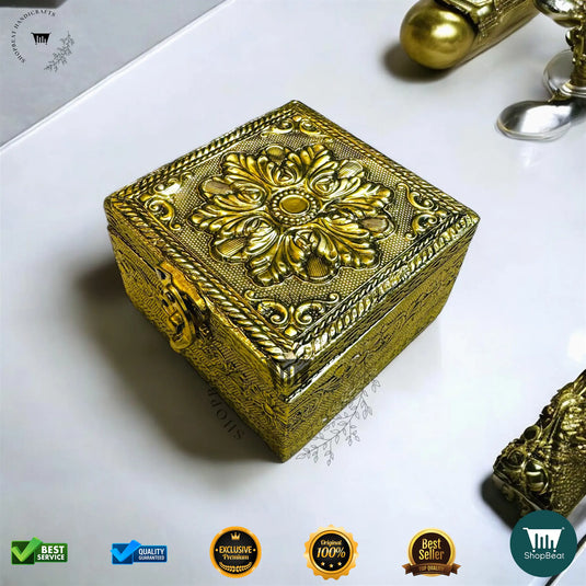 Golden Oxidised Multipurpose Box – 4x4 Inch Pooja & Jewellery Box