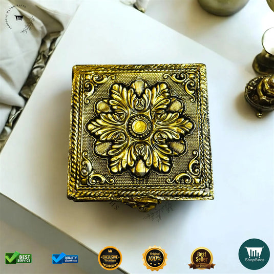 Golden Oxidised Multipurpose Box – 4x4 Inch Pooja & Jewellery Box