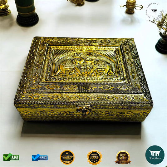Golden Oxidised Multipurpose Box – 9x7 Inch Wooden Pooja & Jewellery Box