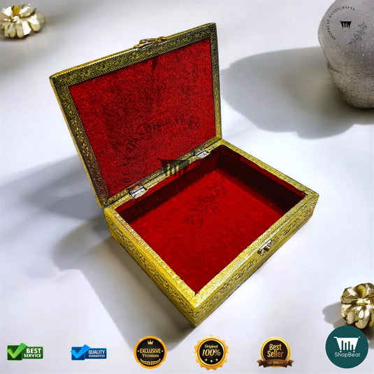 Golden Oxidised Multipurpose Box – 9x7 Inch Wooden Pooja & Jewellery Box