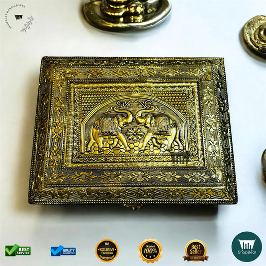 Golden Oxidised Multipurpose Box – 9x7 Inch Wooden Pooja & Jewellery Box