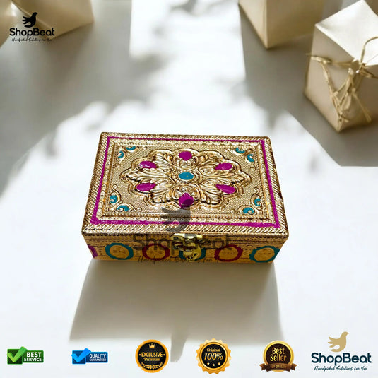 Golden Meenakari Multipurpose Box – 4x6 Inch Pooja & Jewellery Gift Box