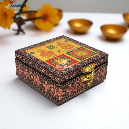Copper Oxidised Lakshmi Kuber Yantra Pooja Box / Jewellery Box / Multipurpose Box – 4x4