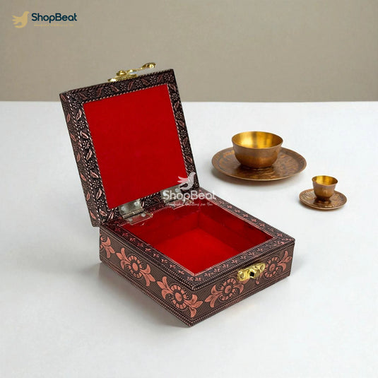 Copper Oxidised Lakshmi Kuber Yantra Pooja Box / Jewellery Box / Multipurpose Box – 4x4
