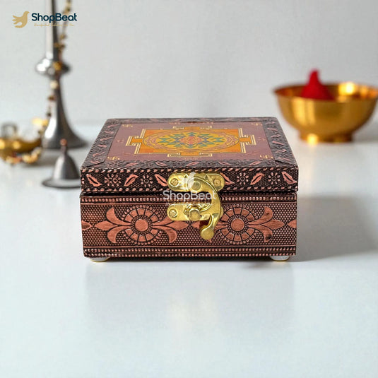Copper Oxidised Shree Yantra Pooja Box / Jewellery Box / Multipurpose Box – 4x4