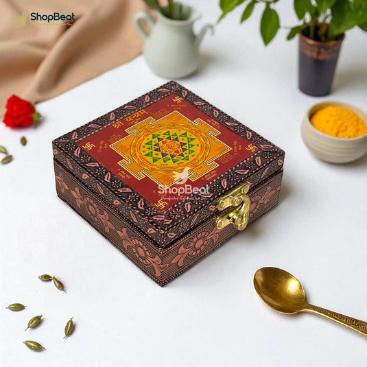Copper Oxidised Shree Yantra Pooja Box / Jewellery Box / Multipurpose Box – 4x4