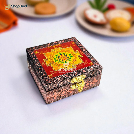 Copper Oxidised Shree Yantra Pooja Box / Jewellery Box / Multipurpose Box – 4x4