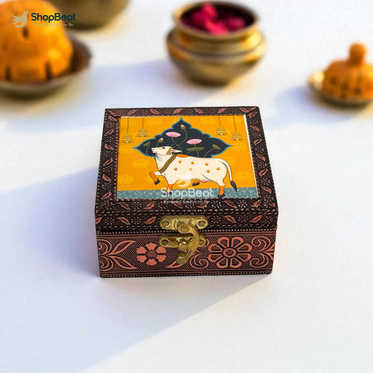 Copper Oxidised Pichwai Pooja Box / Jewellery Box / Multipurpose Box – 4x4