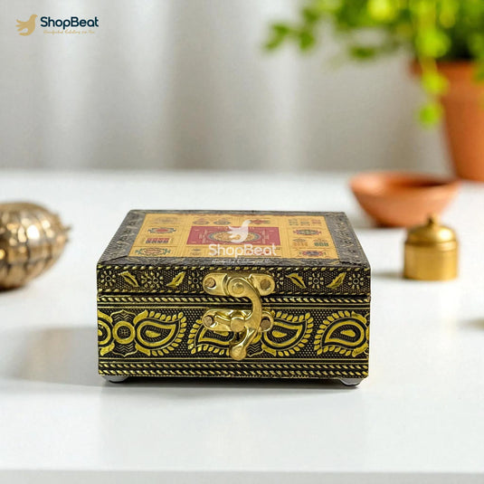 Golden Oxidised Kuber Yantra Pooja Box / Jewellery Box / Multipurpose Box – 4x4