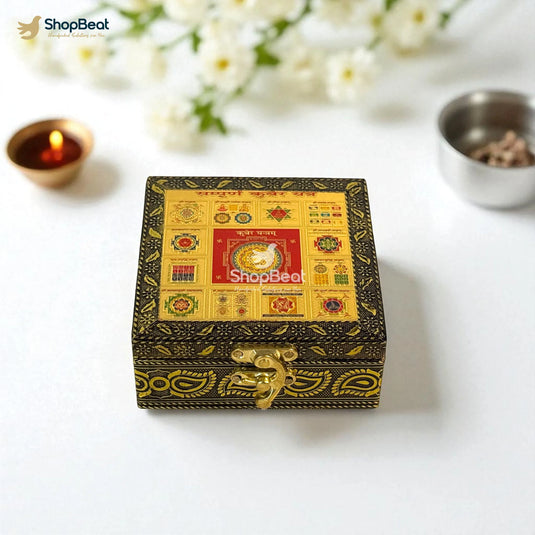 Golden Oxidised Kuber Yantra Pooja Box / Jewellery Box / Multipurpose Box – 4x4