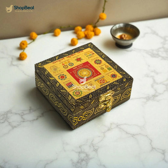 Golden Oxidised Kuber Yantra Pooja Box / Jewellery Box / Multipurpose Box – 4x4