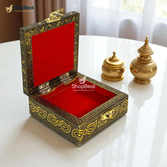 Golden Oxidised Kuber Yantra Pooja Box / Jewellery Box / Multipurpose Box – 4x4