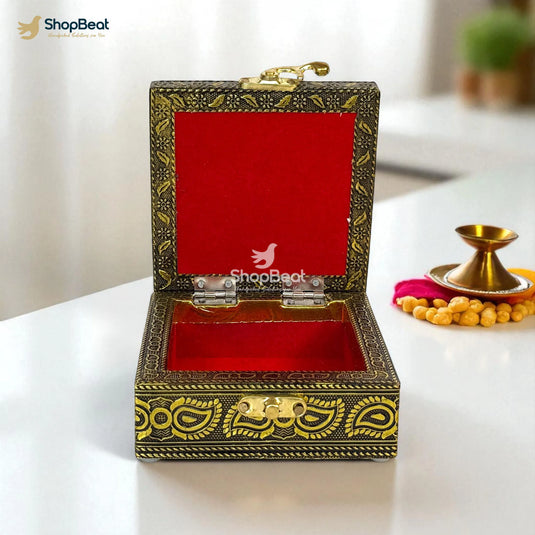 Golden Oxidised Kuber Yantra Pooja Box / Jewellery Box / Multipurpose Box – 4x4