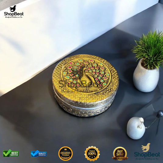 Golden Meenakari Peacock Steel Box – 9 No. Embossed Gift Container