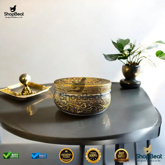 Golden Meenakari Peacock Steel Box – 9 No. Embossed Gift Container