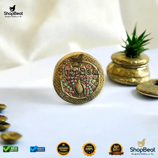 Golden Meenakari Peacock Steel Box – 9 No. Embossed Gift Container