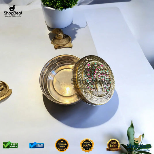 Golden Meenakari Peacock Steel Box – 9 No. Embossed Gift Container