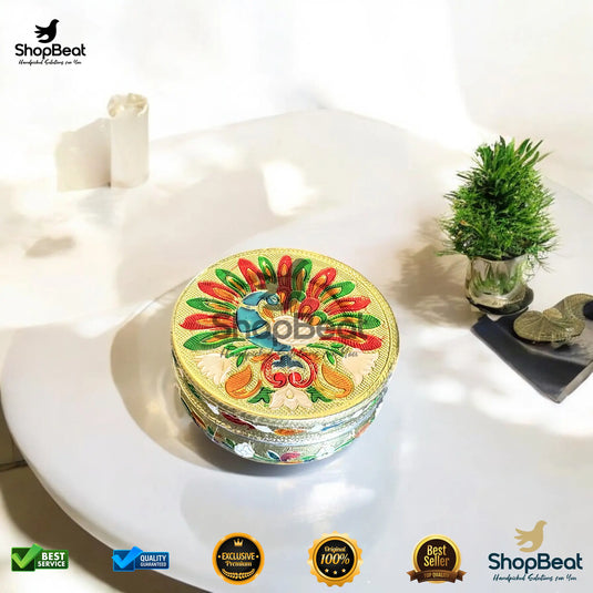 Golden Meenakari Peacock Steel Box – 7 No. Traditional Gift Container