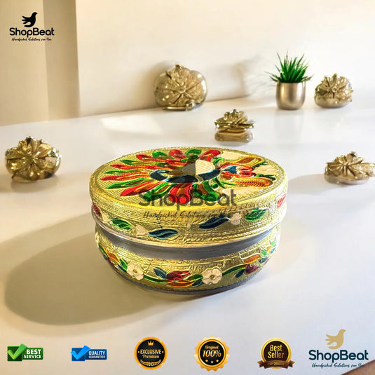 Golden Meenakari Peacock Steel Box – 7 No. Traditional Gift Container