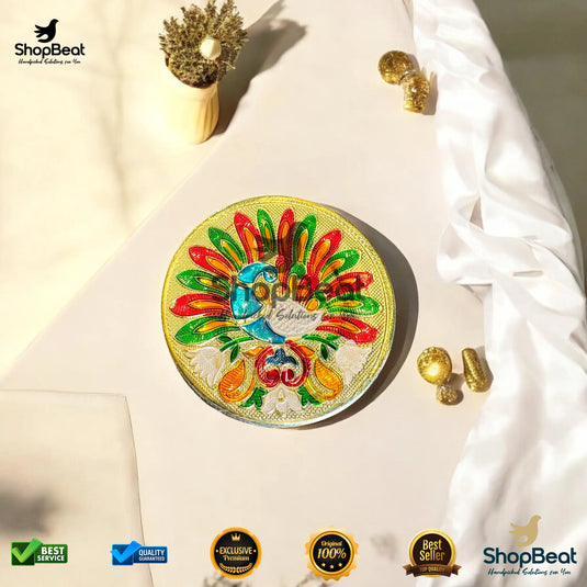 Golden Meenakari Peacock Steel Box – 7 No. Traditional Gift Container