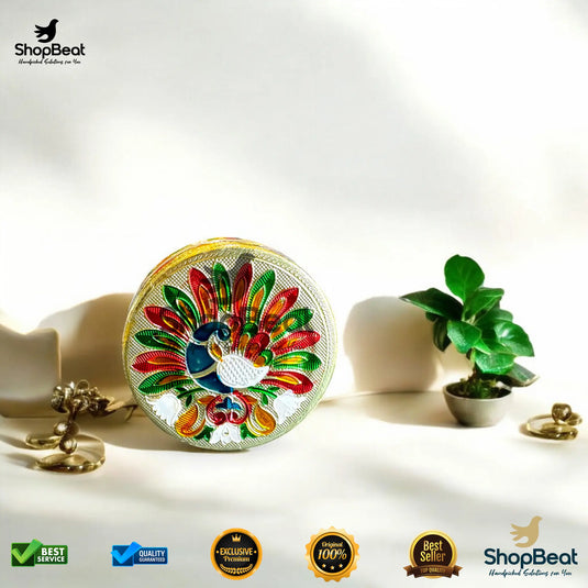 Golden Meenakari Peacock Steel Box – 7 No. Traditional Gift Container