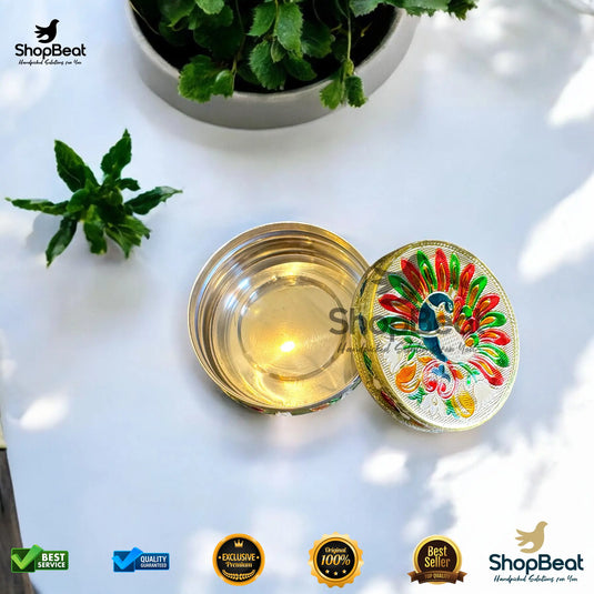 Golden Meenakari Peacock Steel Box – 7 No. Traditional Gift Container