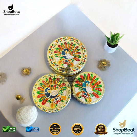 Golden Meenakari Peacock Steel Box – 7 No. Traditional Gift Container