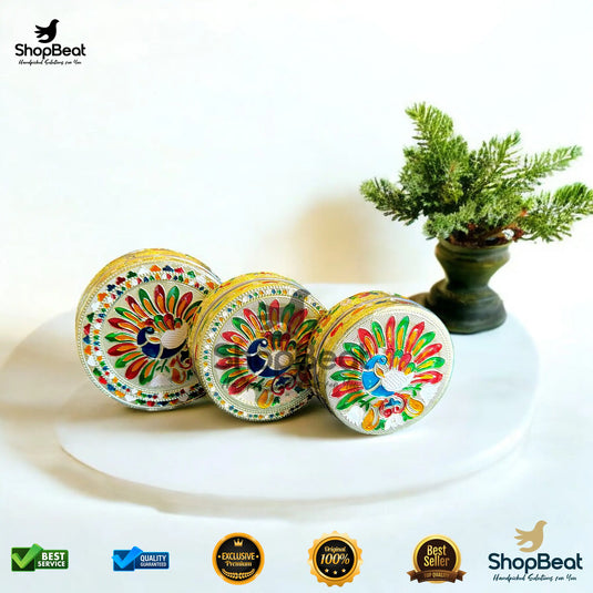 Golden Meenakari Peacock Steel Box – 7 No. Traditional Gift Container