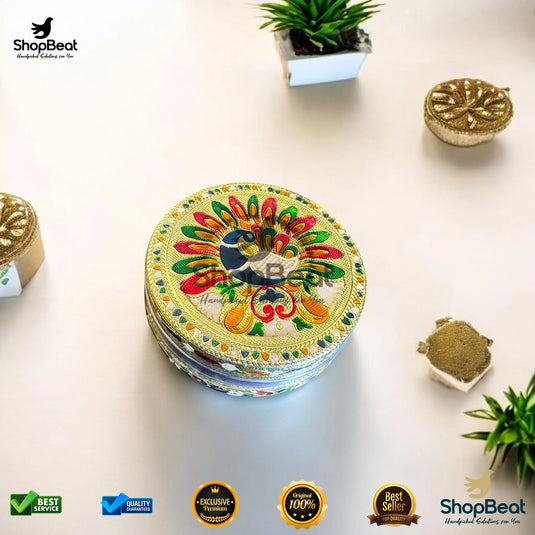 Golden Meenakari Peacock Steel Box – 8 No. Wedding Gift Container
