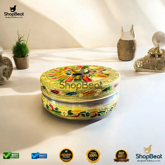 Golden Meenakari Peacock Steel Box – 8 No. Wedding Gift Container